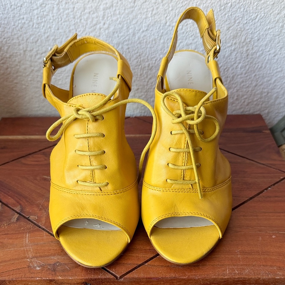 Nine West Bright Yellow Leather Lace-Up Peep Toe Sandals